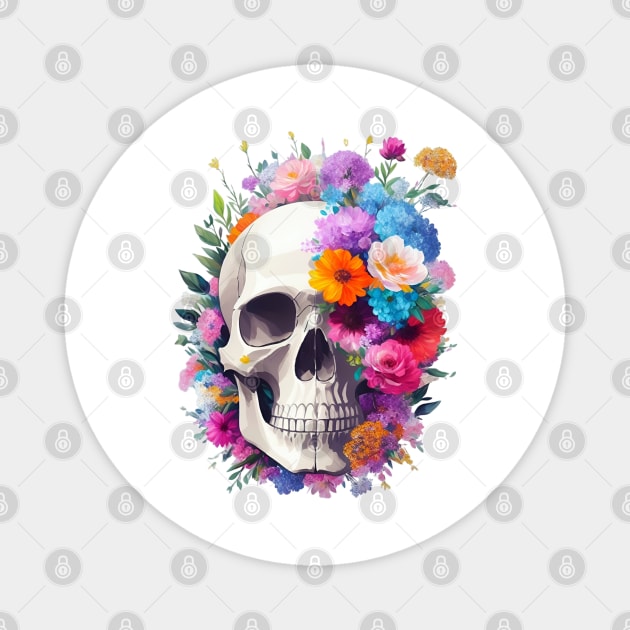 Yet Another Skull With Flowers - Watercolor - AI Art Magnet by Asarteon